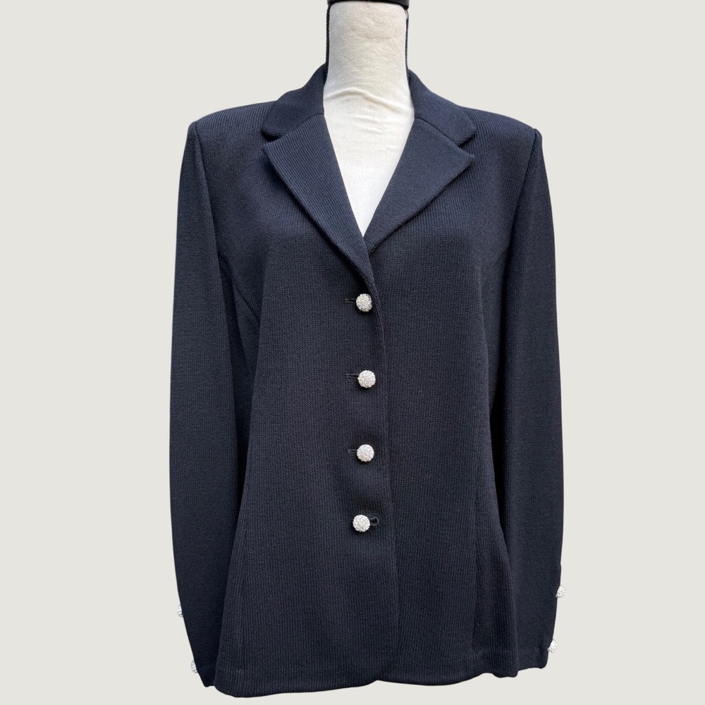 St John Basics Black Santana Knit Blazer Crystal Button Jacket Womens 14